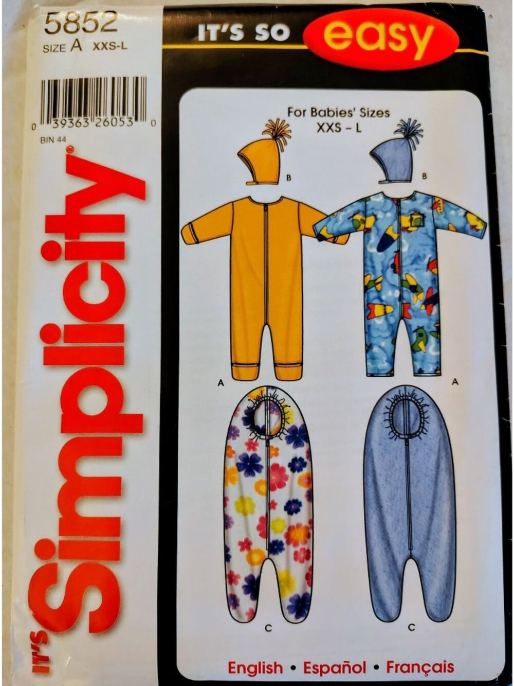 Simplicity pattern 5852 baby jumper/bunting XXS-L